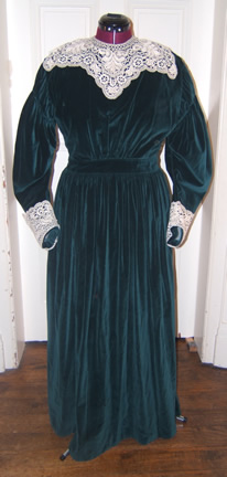 1830s Green Velvet Dress - Front With Lace